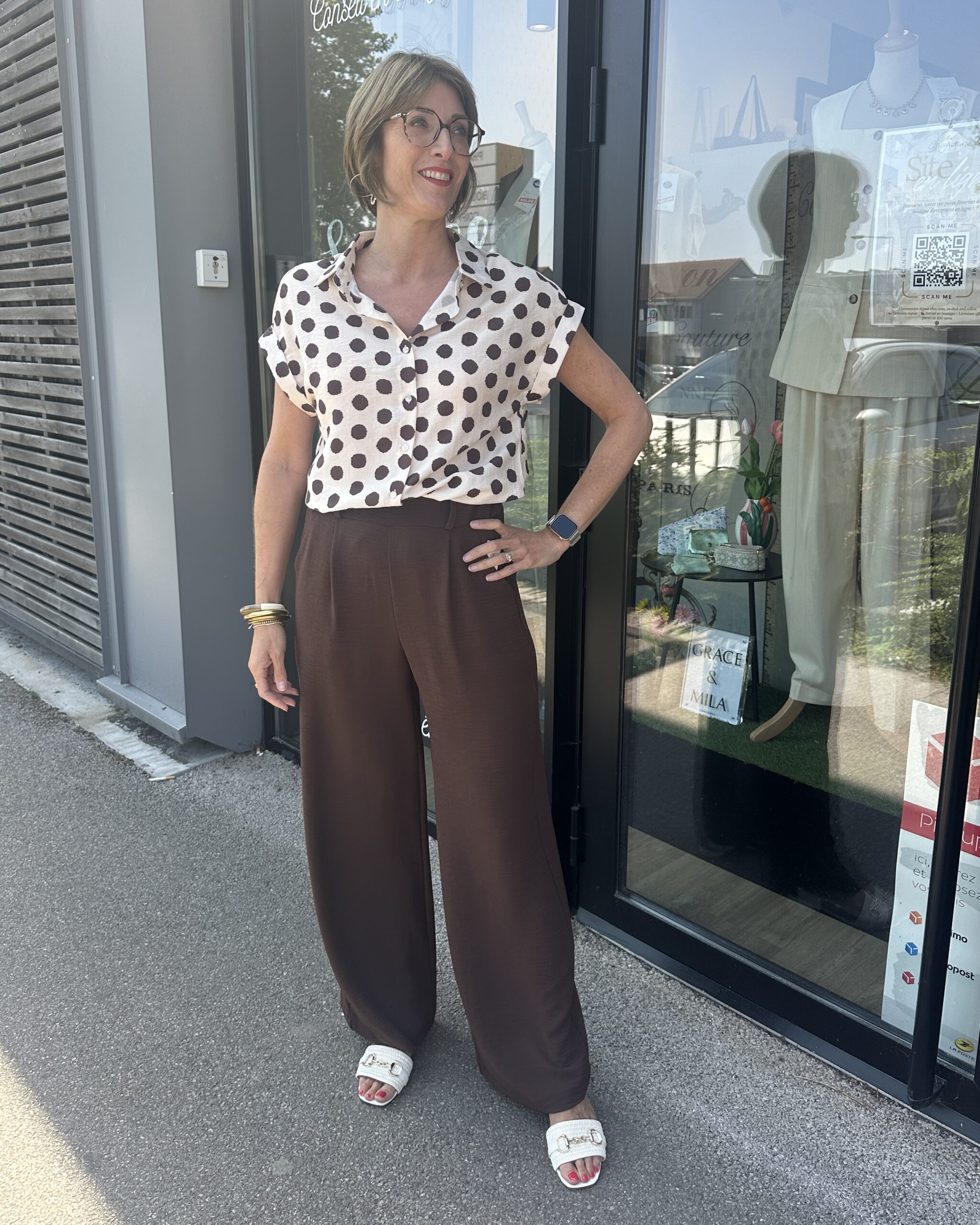 CHEMISIER BEIGE POIS CHOCOLAT