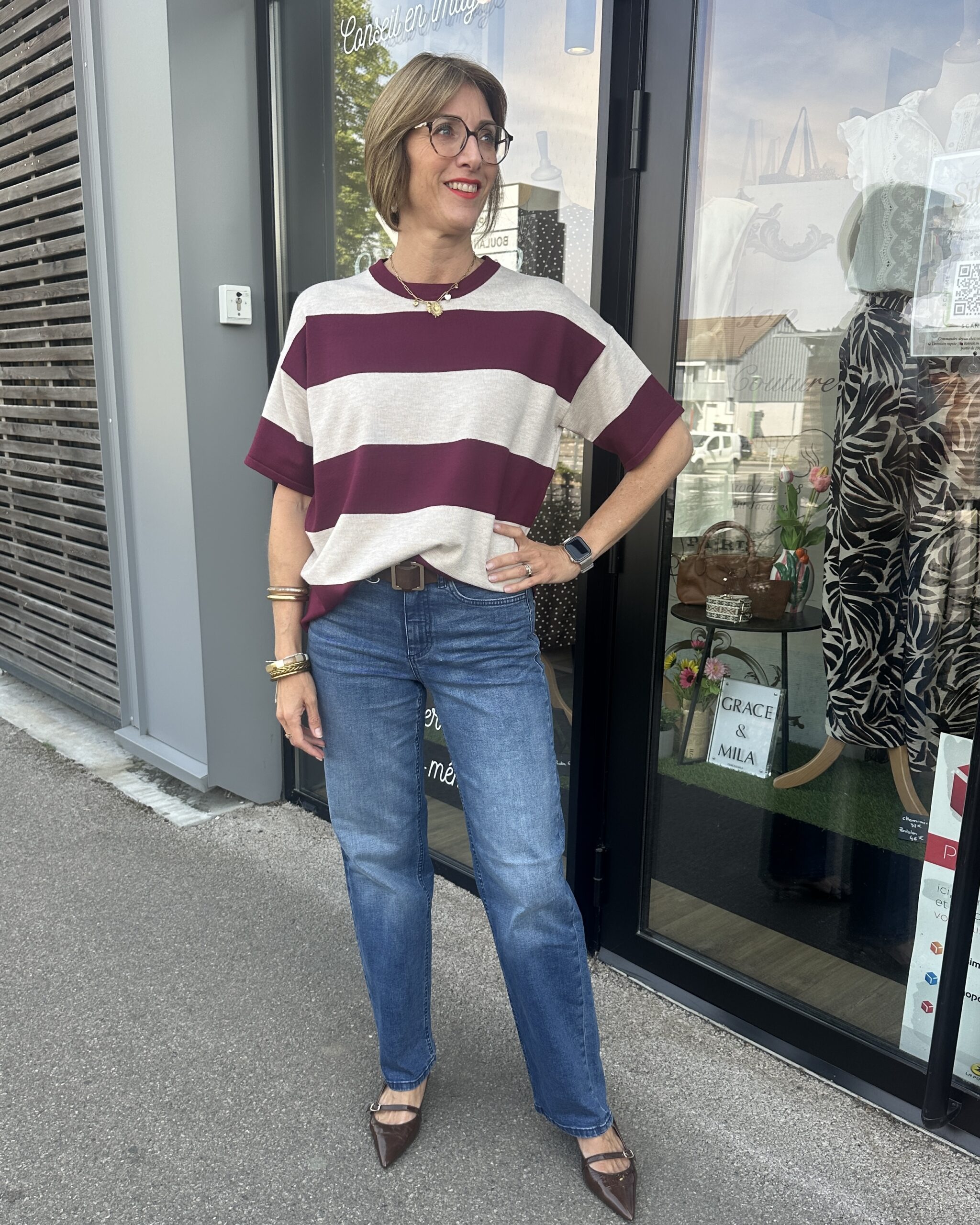 PULL MANCHES COURTES RAYÉ PRUNE ET BEIGE – Image 3