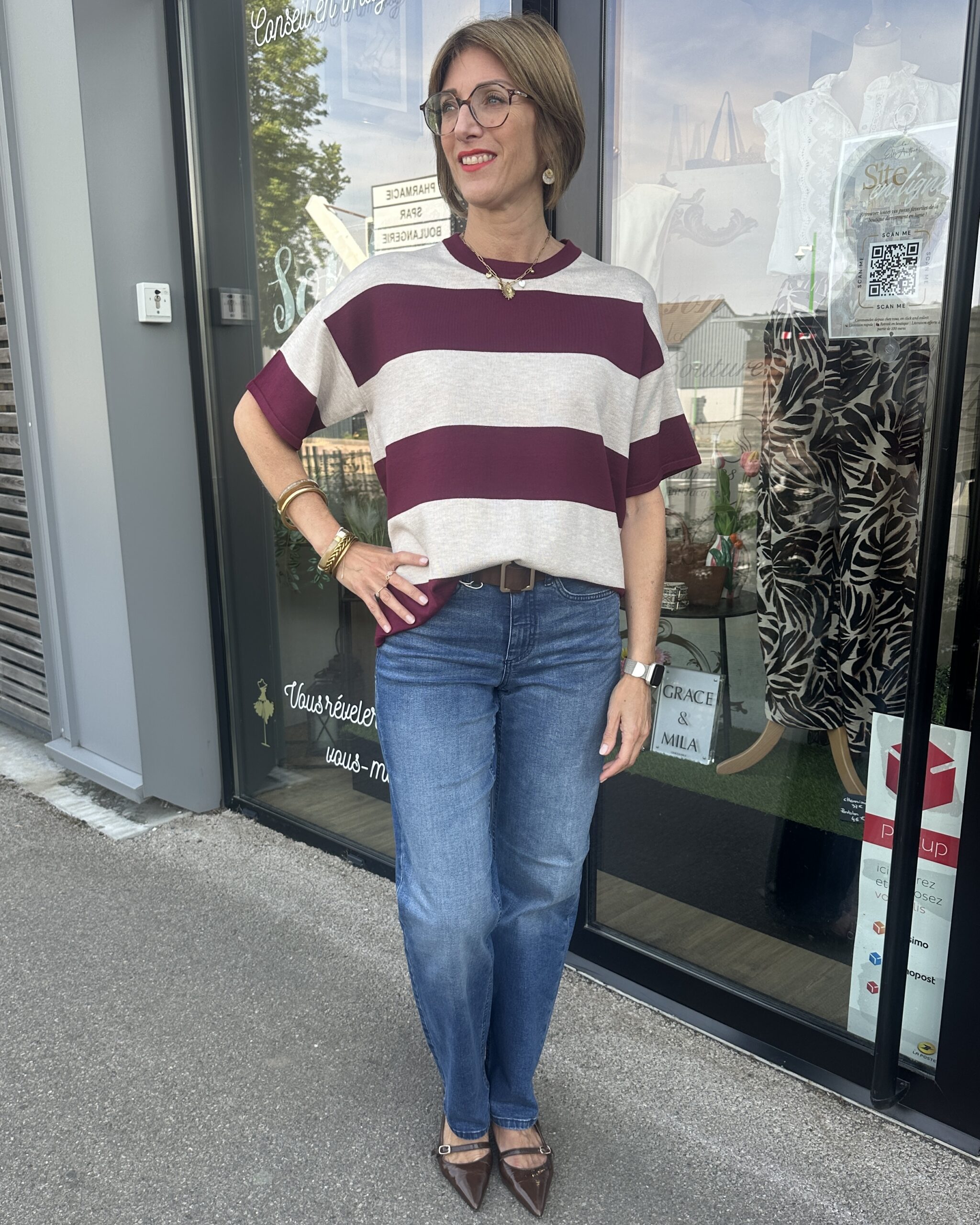 PULL RAYÉE PRUNE MANCHES COURTES