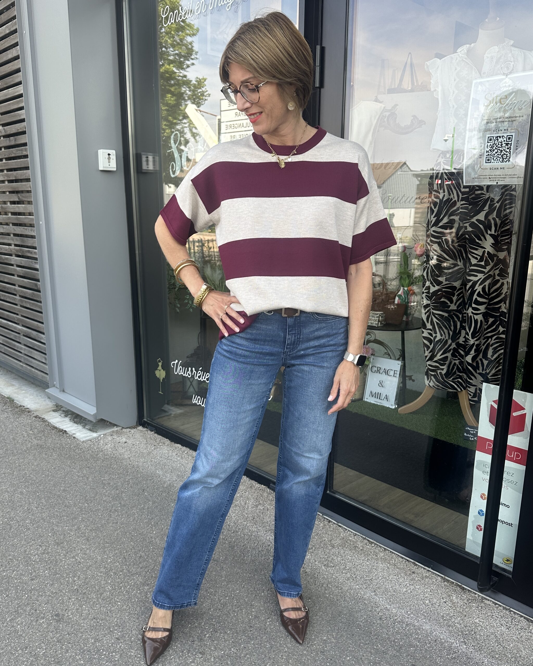 PULL MANCHES COURTES RAYÉ PRUNE ET BEIGE – Image 2