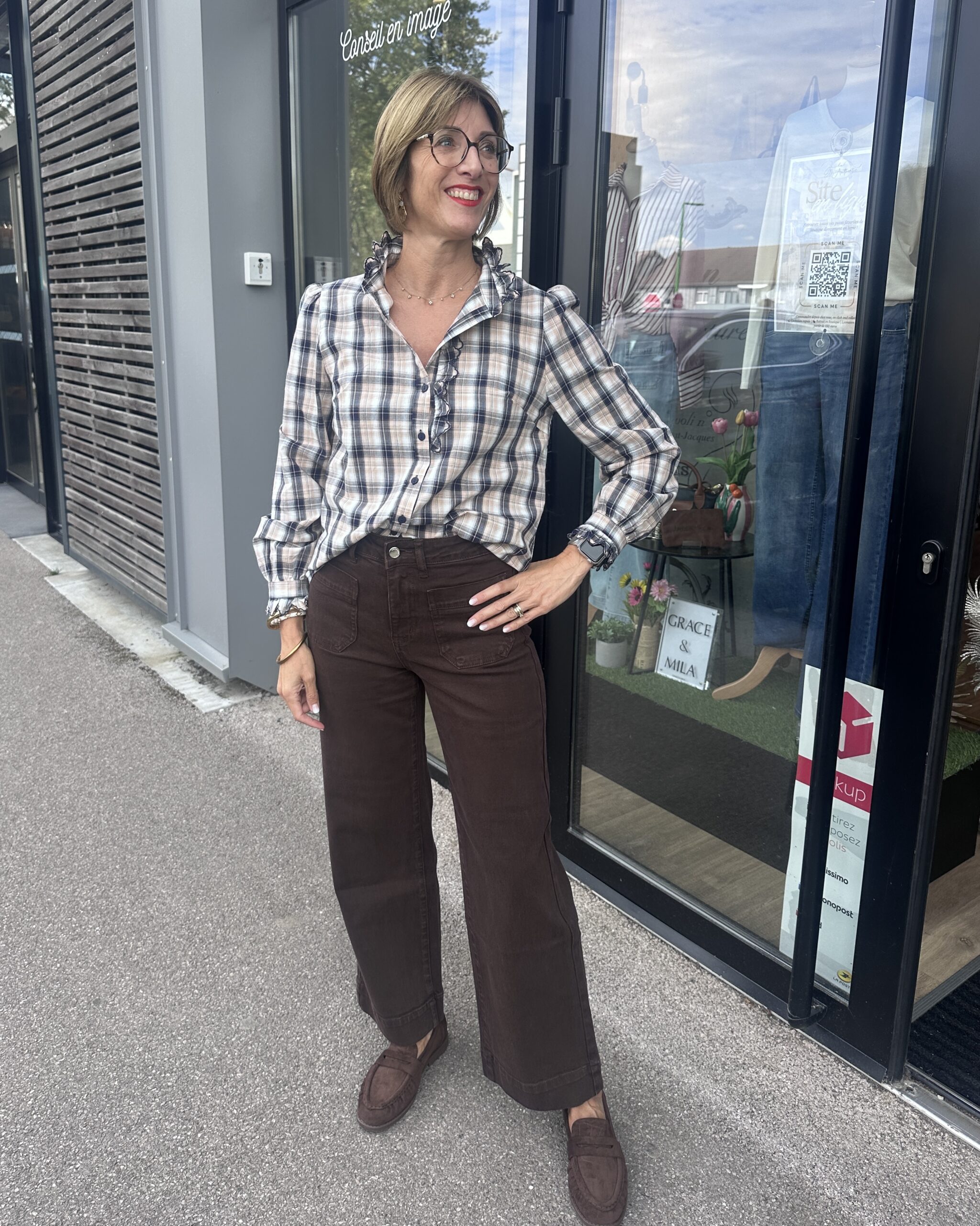 CHEMISIER CARREAUX BLEU ET BEIGE – Image 2