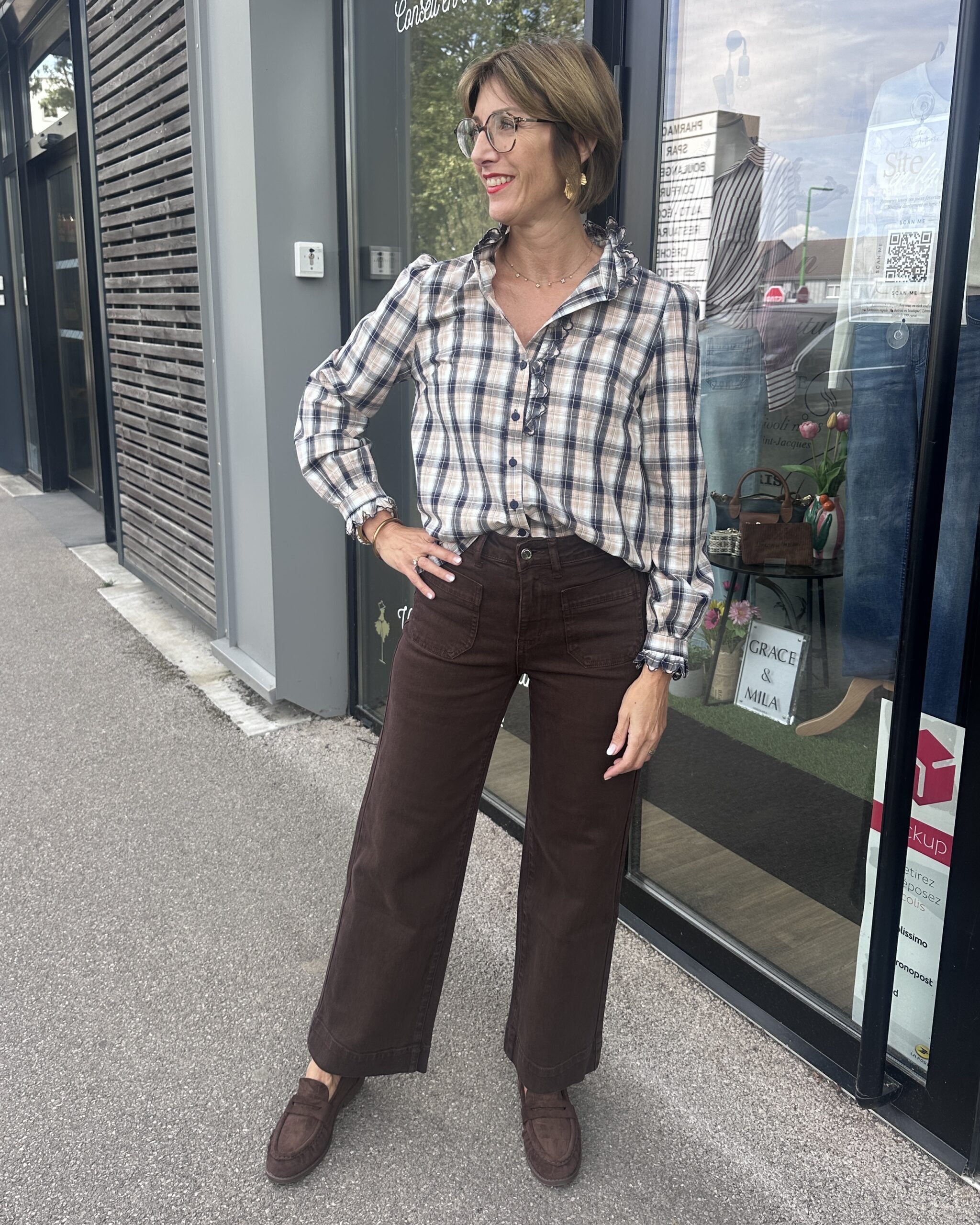 CHEMISIER CARREAUX BLEU ET BEIGE – Image 3