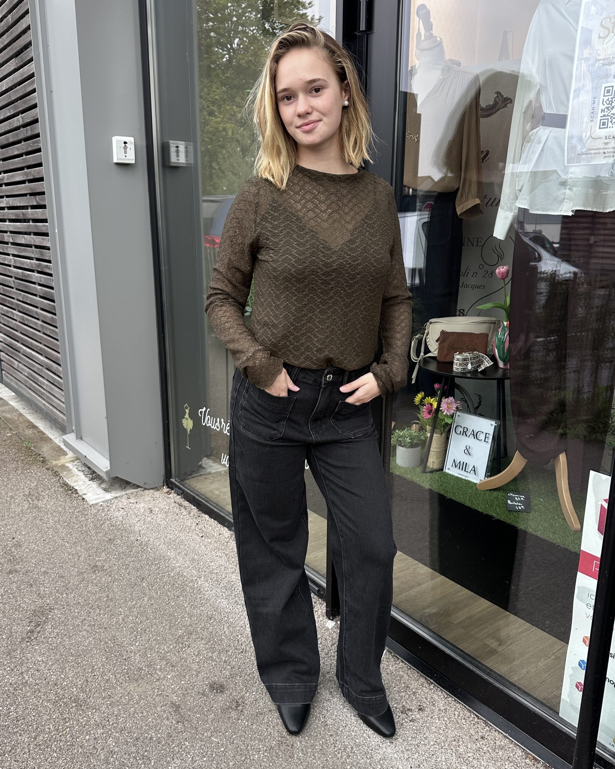 TOP MANCHES LONGUES EN DENTELLE KAKI – Image 3