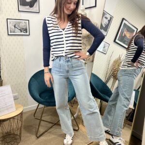 GILET SANS MANCHES RAYURE ÉCRU / BLEU MARINE