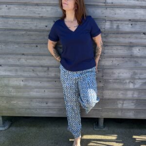PANTALON BLEU ET BLANC FLUIDE TAILLE ÉLASTIQUE