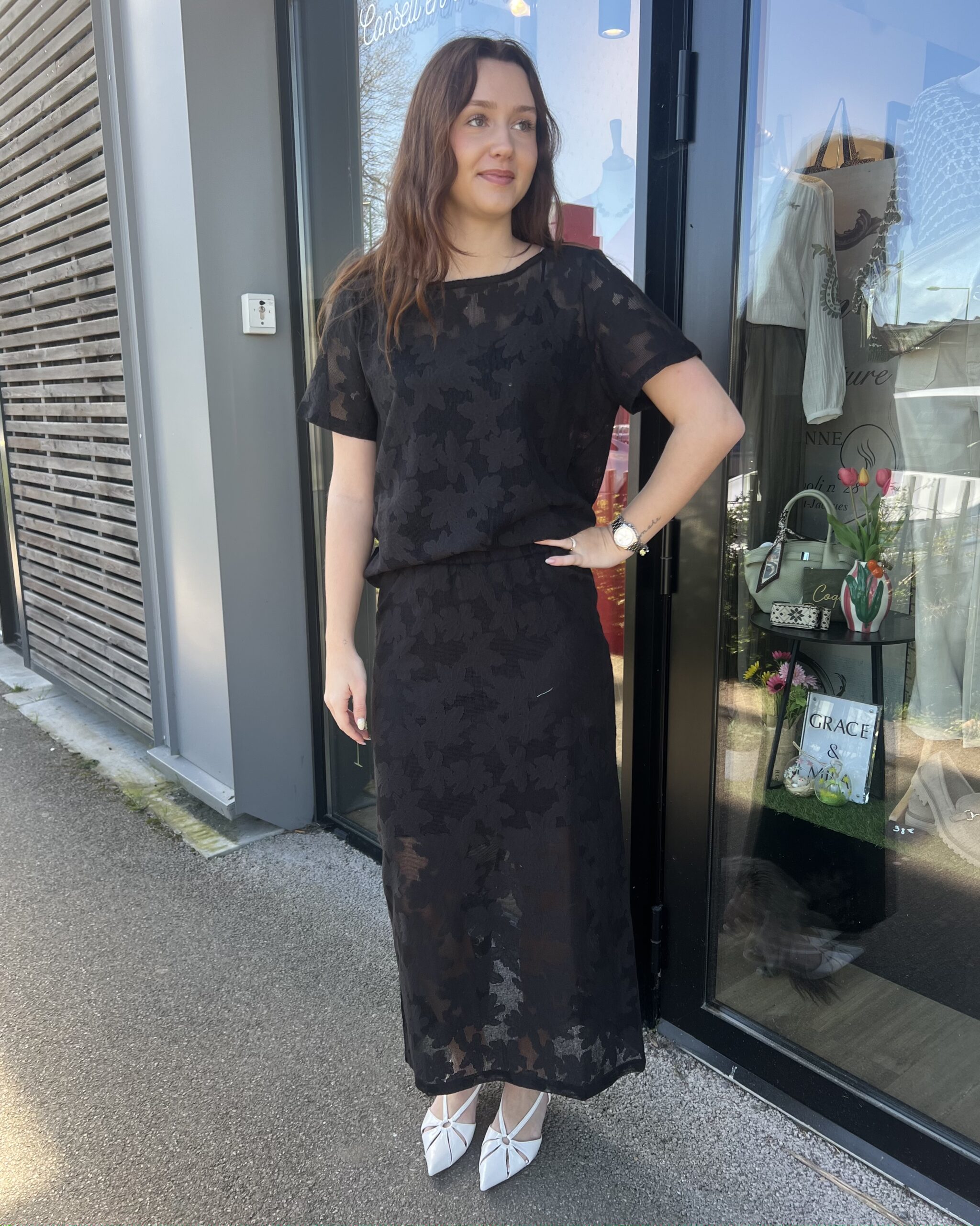 JUPE LONGUE NOIR AJOURÉ FLEURS