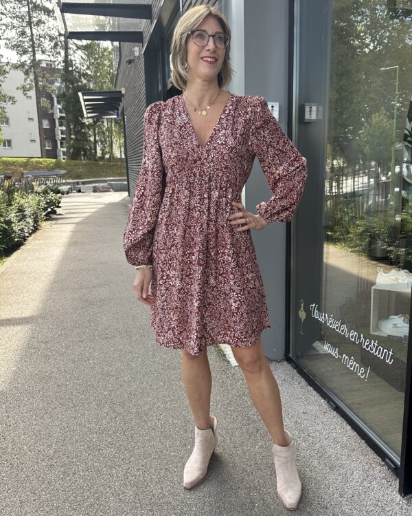 ROBE BORDEAUX MOTIF FLORAL, TAILLE ÉLASTIQUE