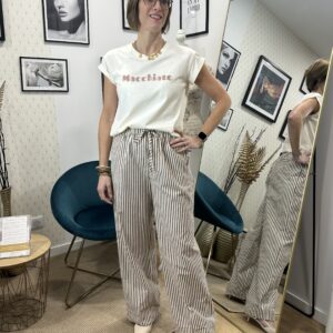 pantalon taille élastique rayé écru chocolat