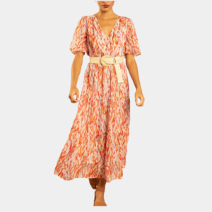 Robe longue manches courtes. avec un décolleté V devant et dans le dos ainsi qu'une jupe à volants